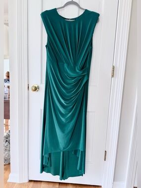 Premier Amour. Emerald Green High-Low Draped Evening Dress. Midi length.